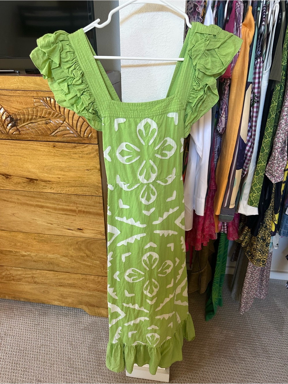 Green Printed Ruffle-Shoulder Maxi Dress